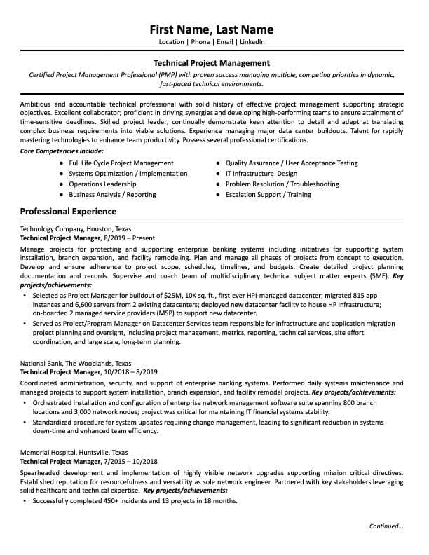 Technical Project Manager resume example page 1