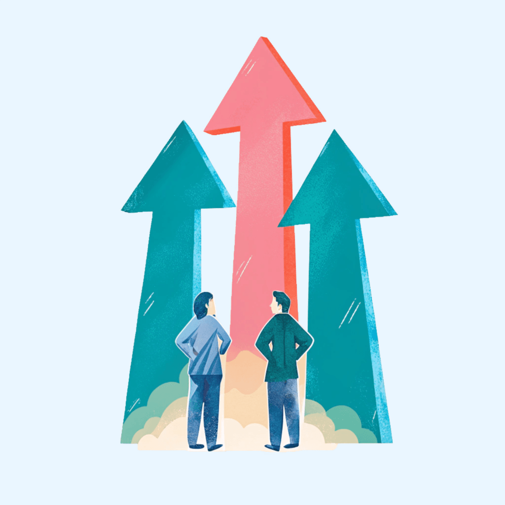 people standing in front of big arrows
