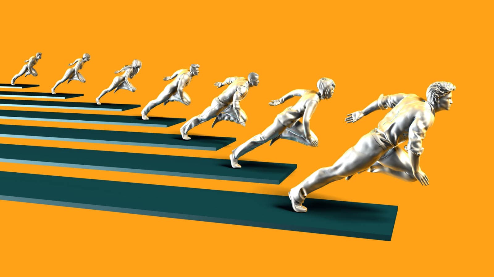 Silver running figures standing on black strips