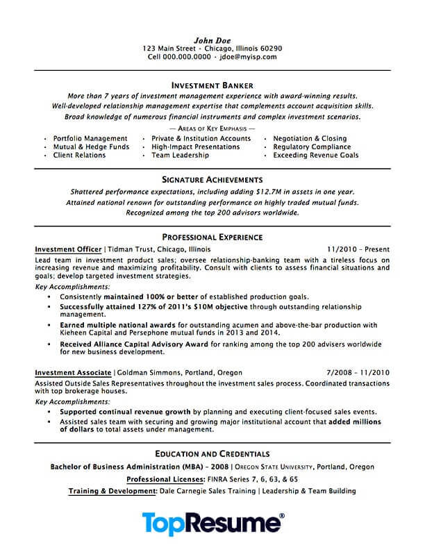 Investment Banking Resume Example